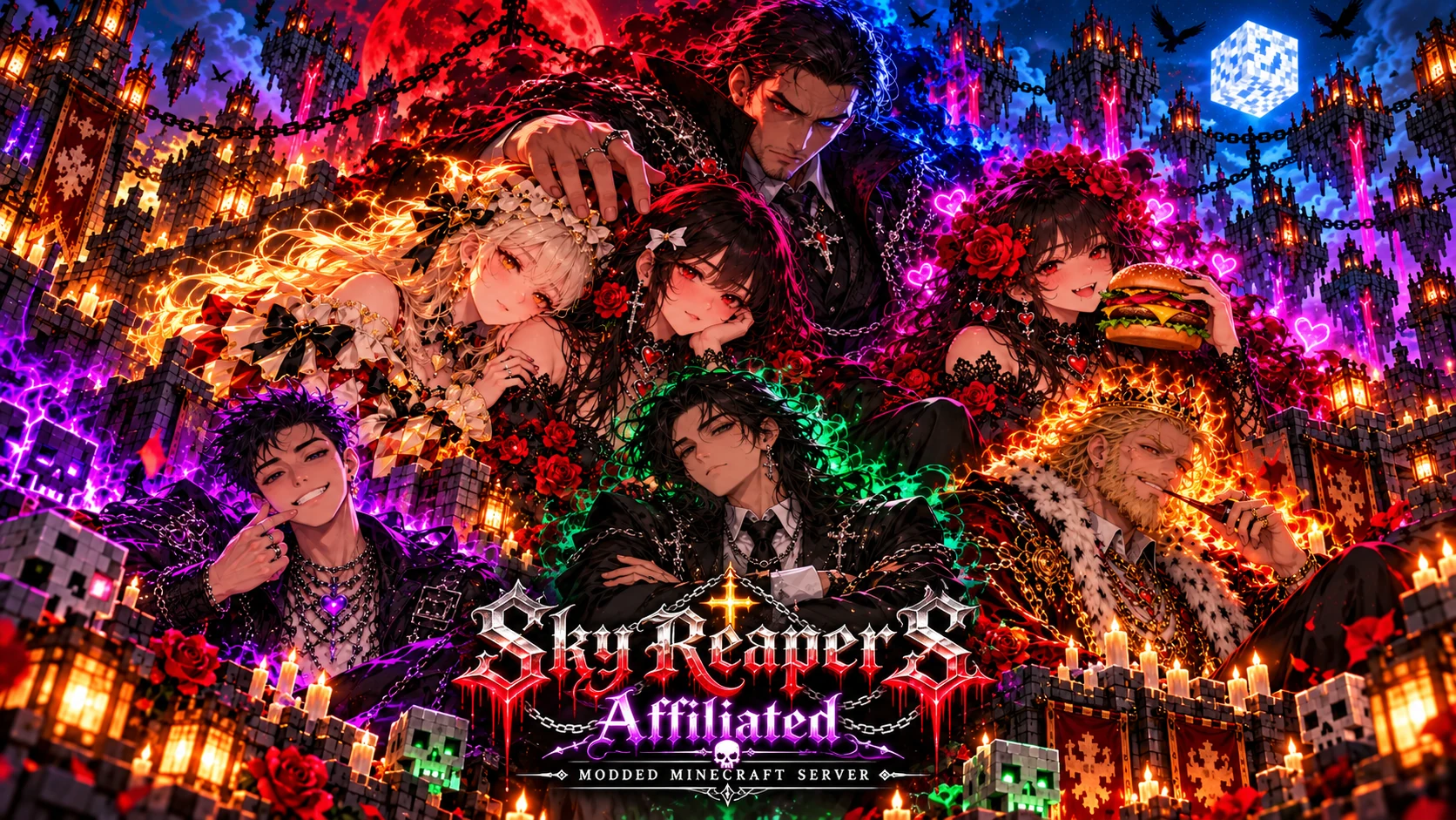 Sky Reaper’s Affiliated group artwork in a glowing Minecraft castle