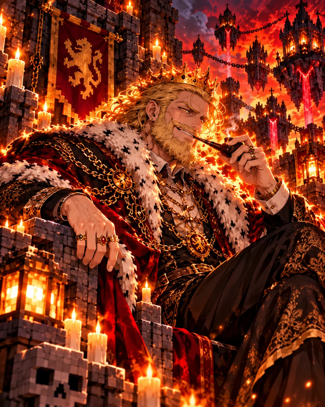 Golden-crowned fantasy king surrounded by glowing Minecraft castle towers