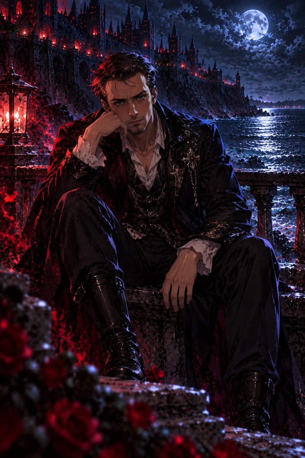 Dark-haired fantasy character seated beside a moonlit castle and sea