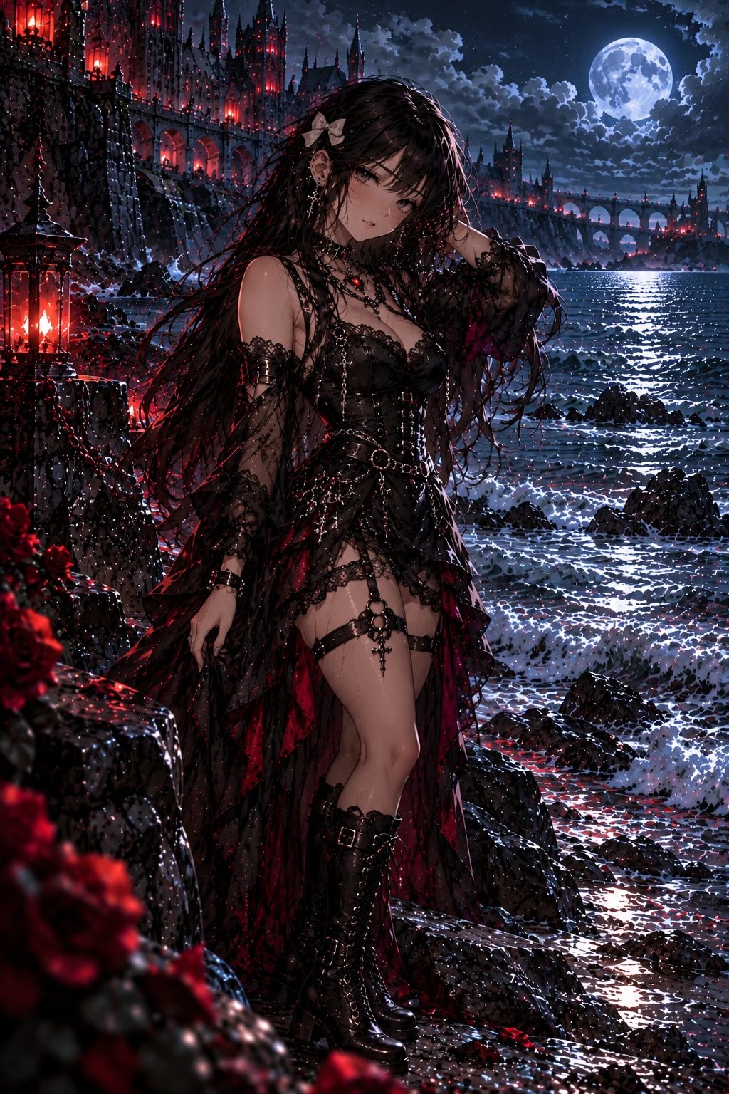 Dark-haired fantasy character on a moonlit shore beneath a red-lit castle